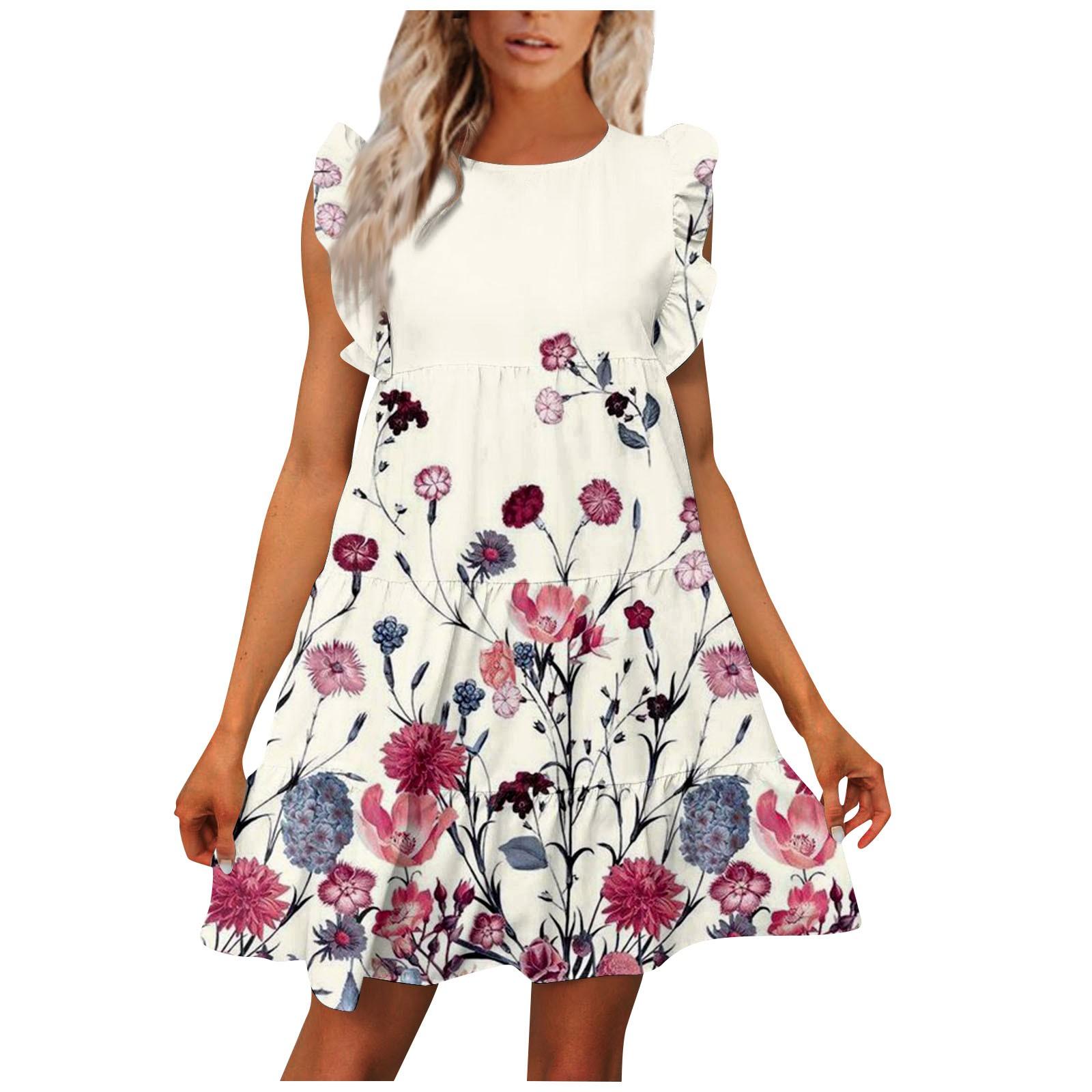 

Женские повседневные летние платья с рюшами и круглым вырезом с коротким рукавом XL бежевый