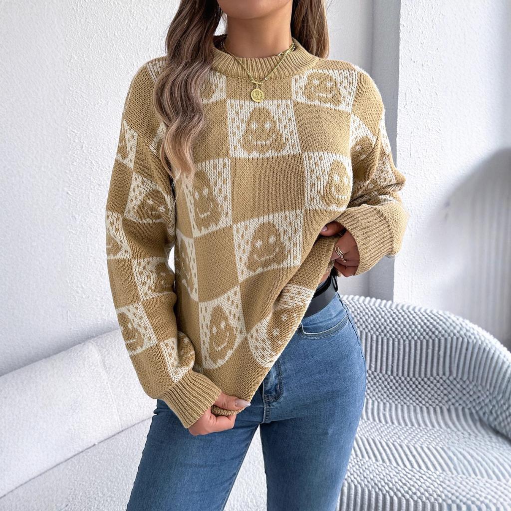 HNXC Autumn Winter Halloween Checkered Lantern Long-sleeved Pullover Sweater Women's Clothing