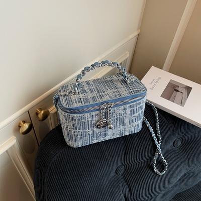 Geantă tip găleată la modă și versatilă pentru femei, Geantă crossbody elegantă cu dungi albastre din denim pentru femei, Geantă de umăr