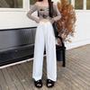 Women Turn Down Collar High Waist Wide Leg Straight Long Casual Suit Pants