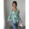 DAFIFY Women's Fashion Casual Spring Autumn Flower Pattern Print Long Sleeve V-Neck Blouses & Shirts