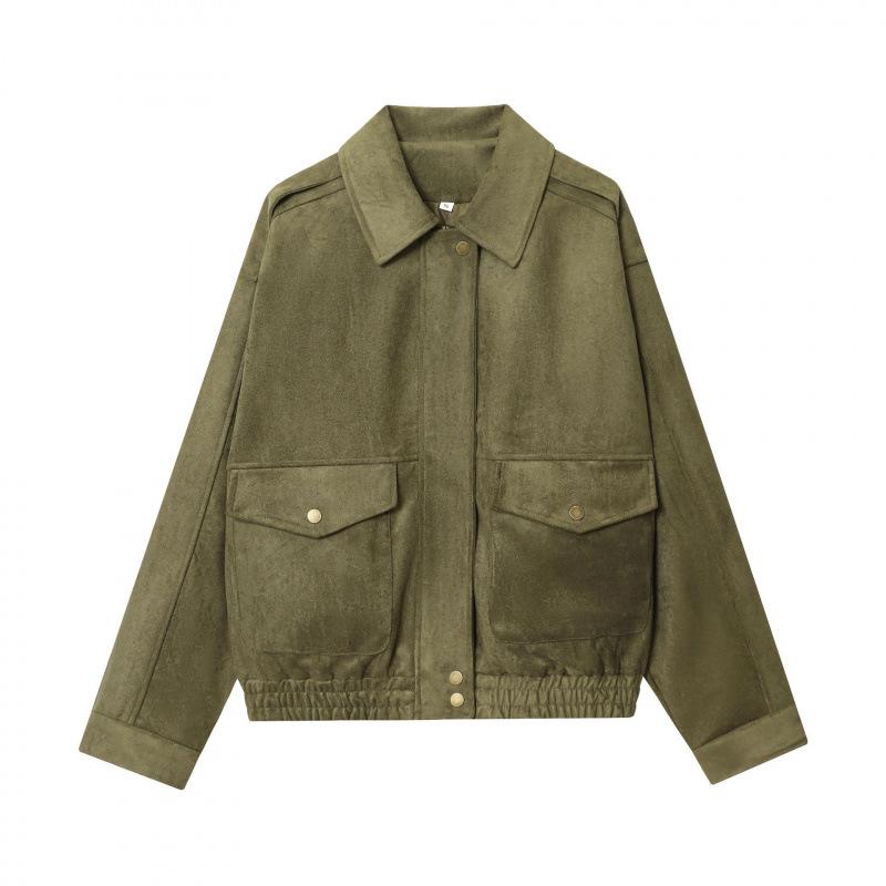 European & American Women s Suede Velvet Pocket Jacket S оливковое зеленый