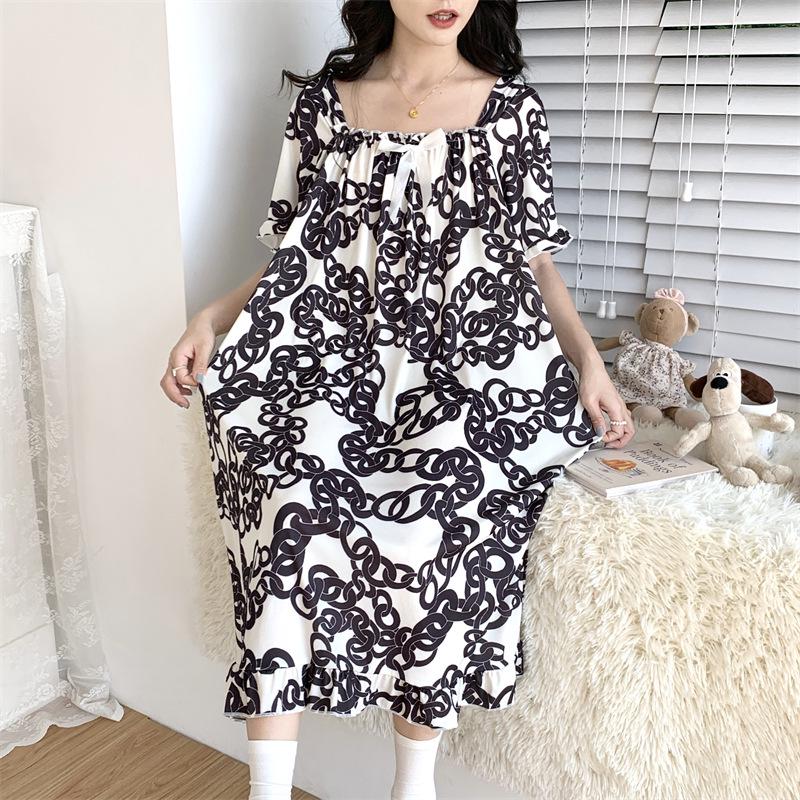 Women's Plus Size Ice Silk Nightdress - Summer Over-the-Knee, High-End, Loose Fit, Thin Section for Sizes Up To 300 Jin