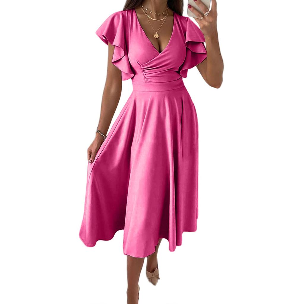 Fashion Ladies Ruffle Skirt Spring And Summer Low V-neck Waist Slim Sexy Dress