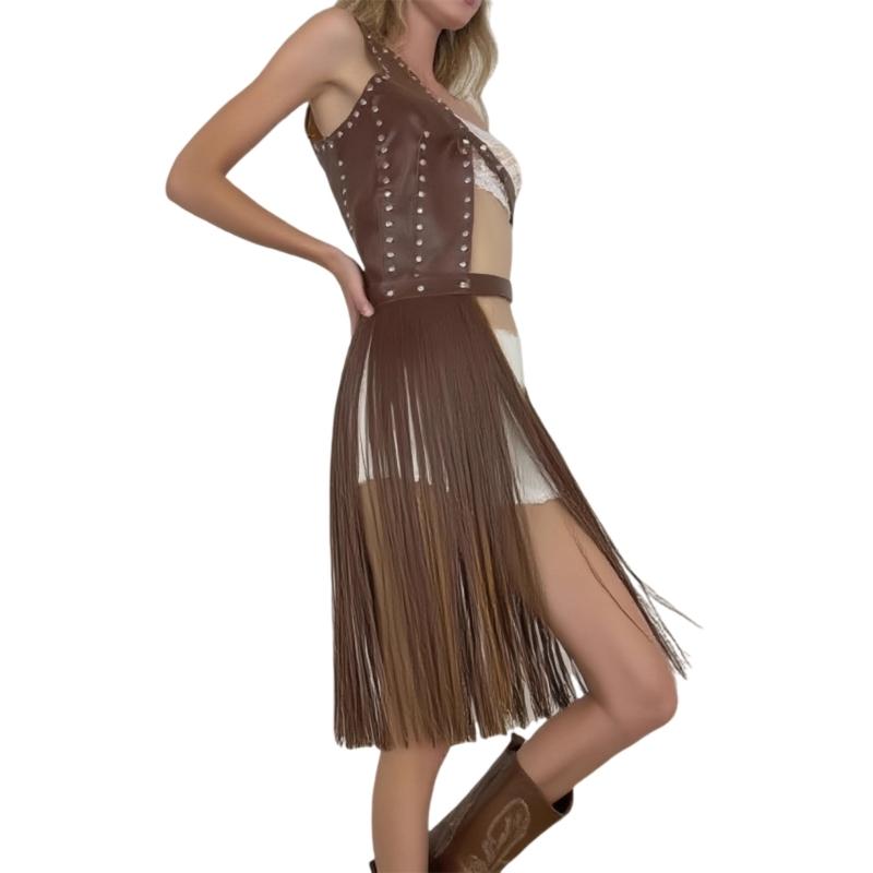 Punk Fringed Waist Belt Long Suspender Belt For Women PU Leather Adjustable Accessory For Party and Stage Performances