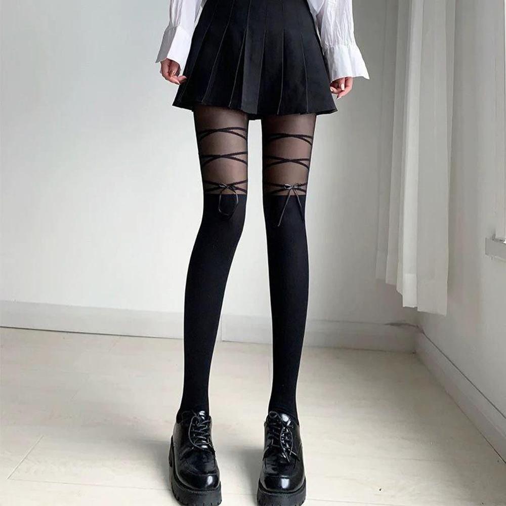Bowknot Splicing Lower Limb Wear For Ladies Onyx Authentic White Lovely Bow Pantyhose Japanese Spicy Lass Hosiery For Gathering Jk Kawaii Stockings