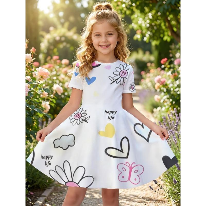 Girl Dresses Short Sleeve Summer Dress Bowknot Heart Print Hawaiian Vacation Beachwear Dress Outfits Bonfire Girls Party Dresses