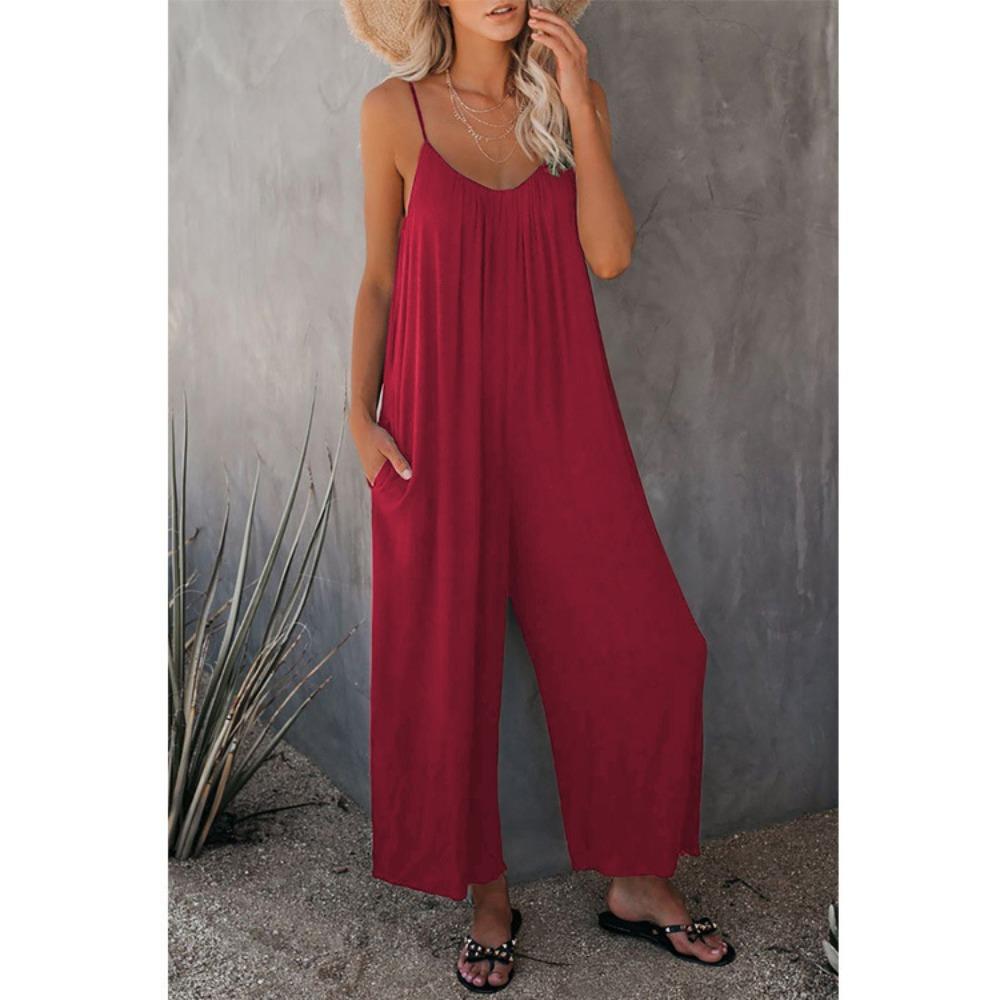 Women's V Neck Sleeveless Loose Fit Jumpsuit Solid Color Pocket Elegant Summer Polyester Wide Leg Romper