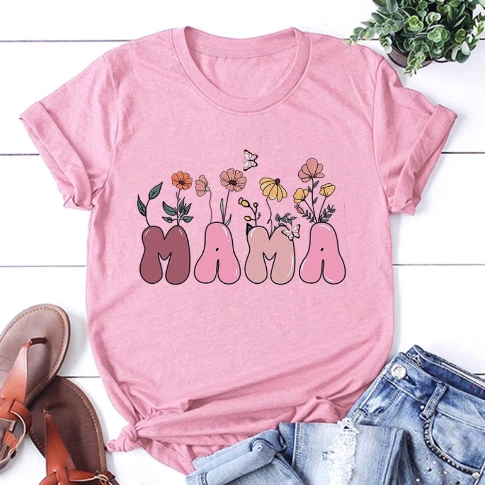 Hot Mother's Day Flower Mama Letter Printed Women Summer Short Sleeve Tee Shirts Round Neck Casual Summer Mother's Day Gift Tops