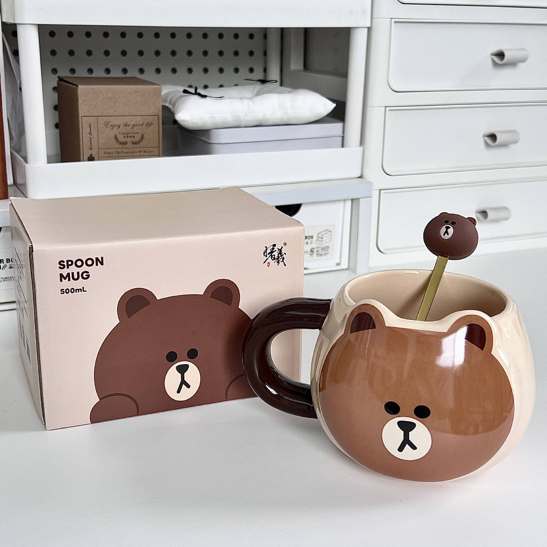 

Brown bear mug, cute ceramic cup with spoon, birthday gift for boys and girls, souvenir gift box. 401-500ml