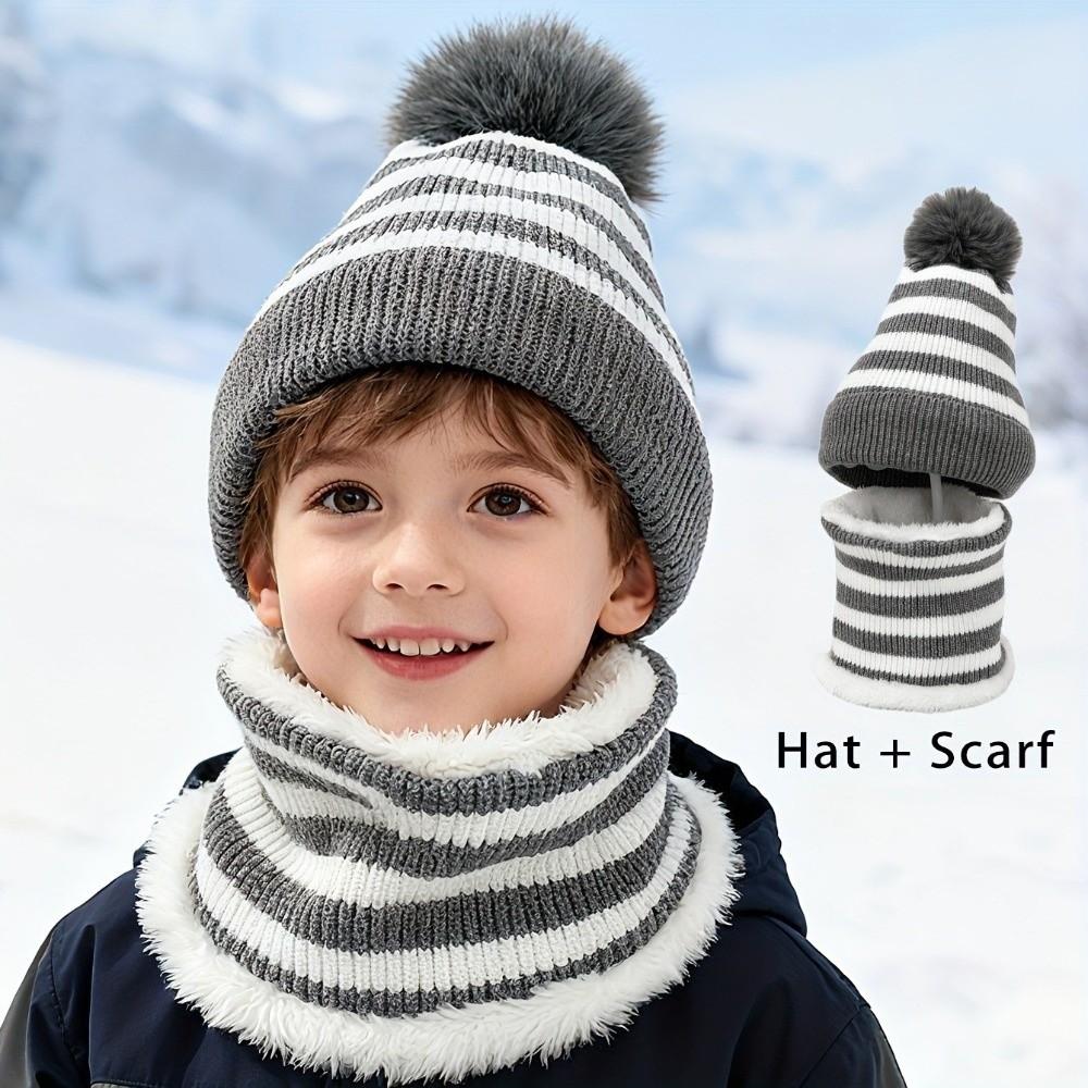 Fleece Lined Knit Beanie Hat Striped Pattern Pom Pom Hat Warm Fleece Lined Scarf  Outdoor Sports