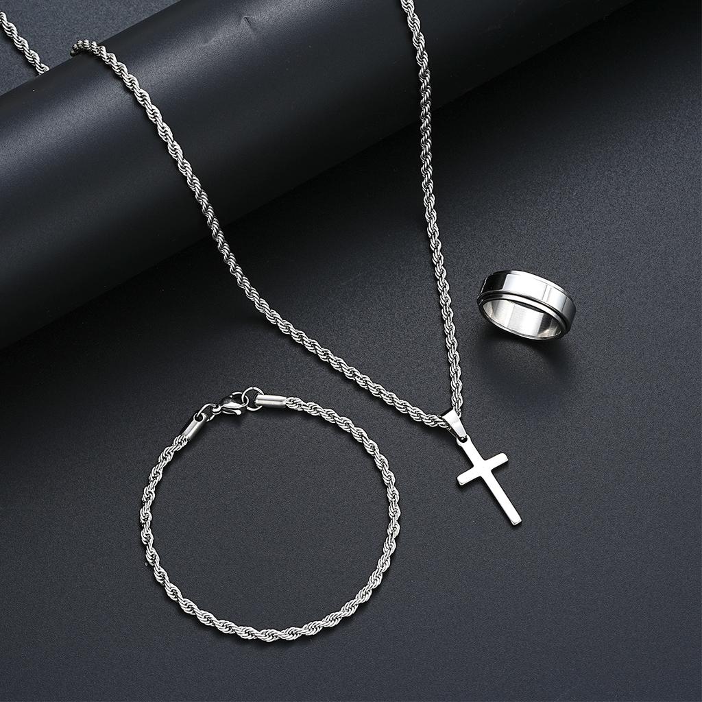 Stainless Steel Simple Jewelry Set For Men Women Fashion Silver Color Cross Pendant Twisted Rope Necklace Bracelets Ring Gifts