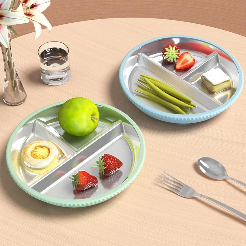 Stainless Steel Divided Plate with Silicone Suction Cup Non Slip Heat Resistant Food Plate