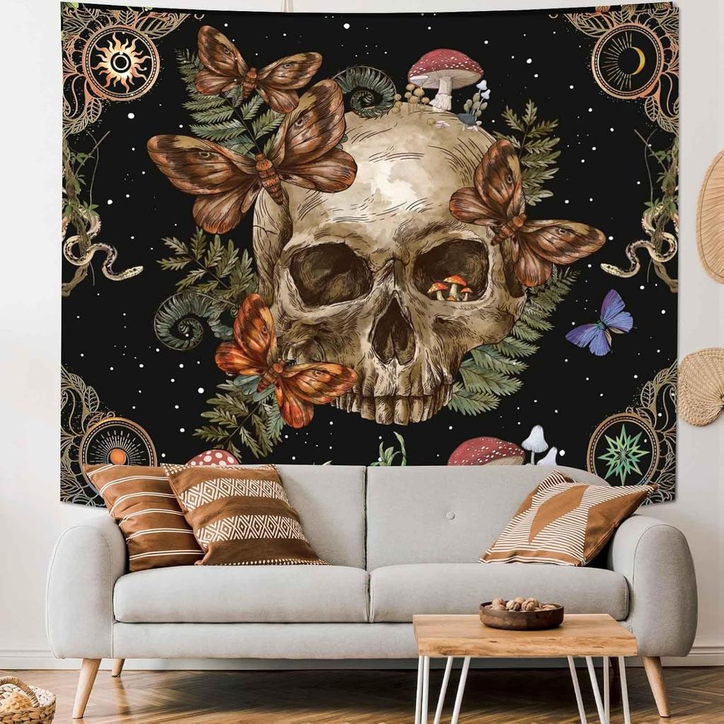 Halloween Gothic Bedroom Tapestry Retro Gothic Skull Flower Butterfly Printed Wall Tapestry Living Room Game Room Dormitory Deco