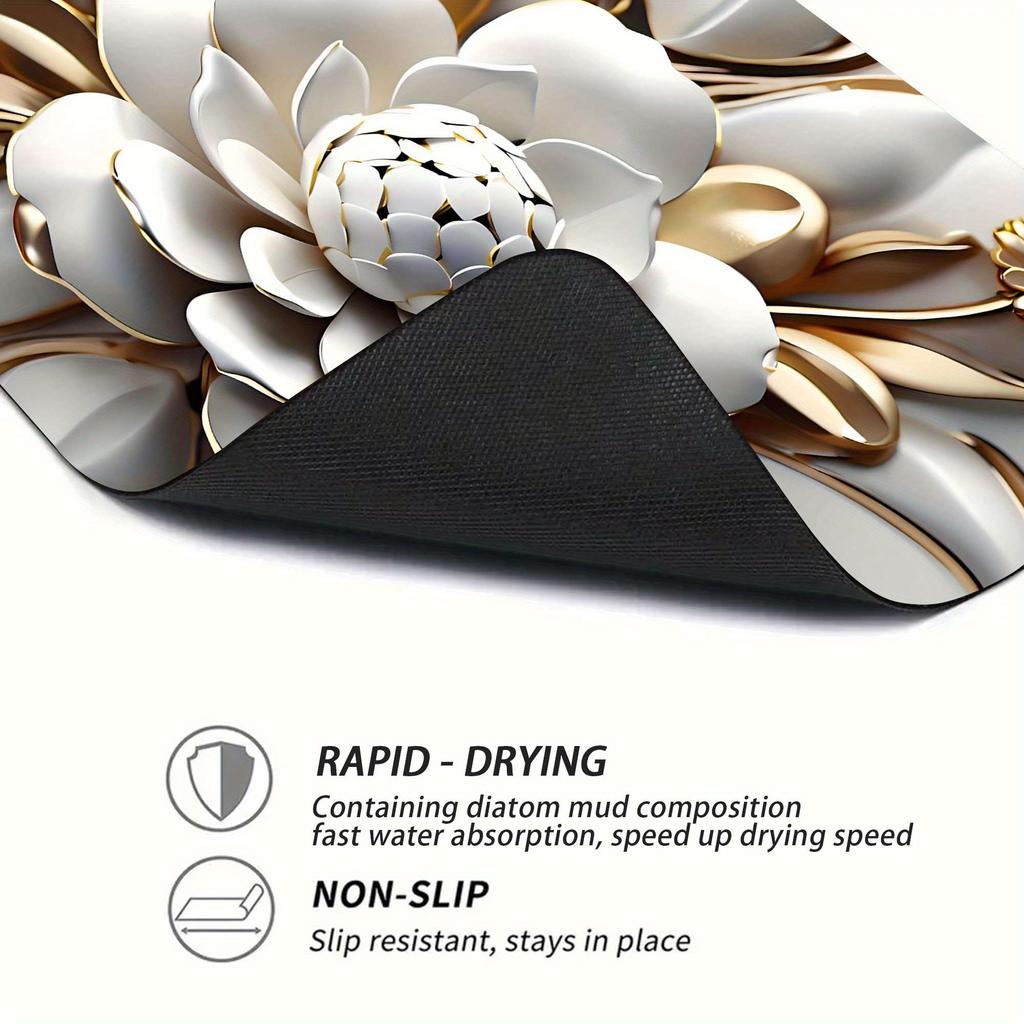 1Pcs Rubber Drying Mat With  3D Metal Flower Print For Coffee Shop Restaurant Kitchen Carpet Tableware Durable Diatom Mud Table Mat Pet Mat Coffeeware