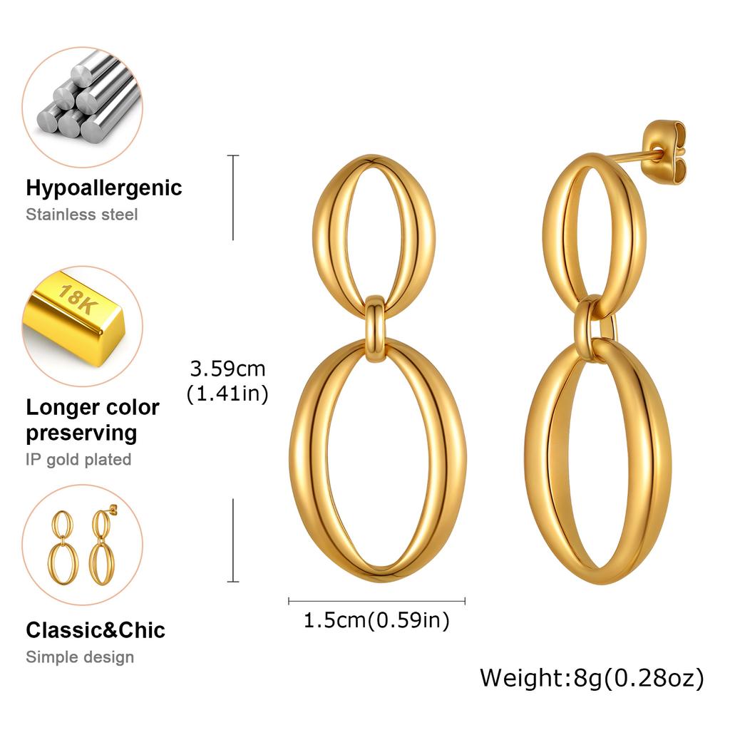Distinctive Elliptical Stud Earrings for Women Hand-made Chain Stainless Steel Earrings Minimalist Waterproof Jewelry Gift