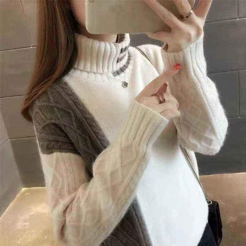 Autumn and winter clothing loose outer wear with knitted bottoming shirt new contrasting color turtleneck sweater women's fashion