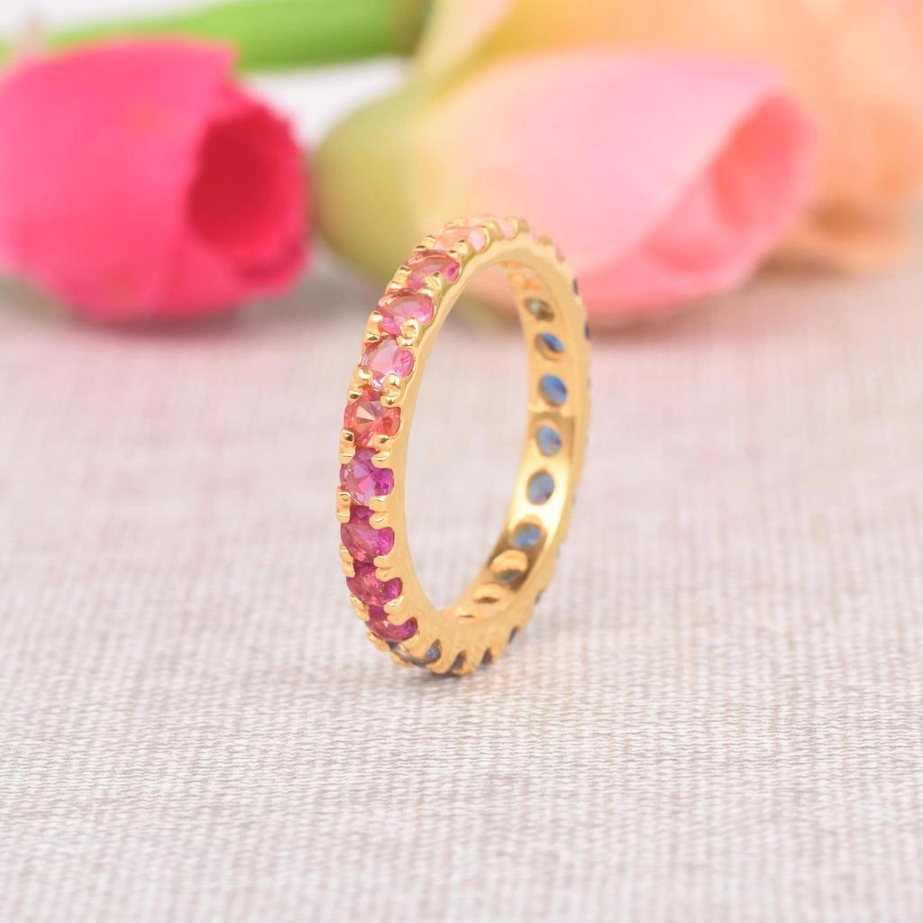 Sapphire Rose Gold Plated Wedding Band: Vintage Art Deco Bridal Ring: Multicolor Sapphire Engagement Ring: Minimalist Jewelry Gift
