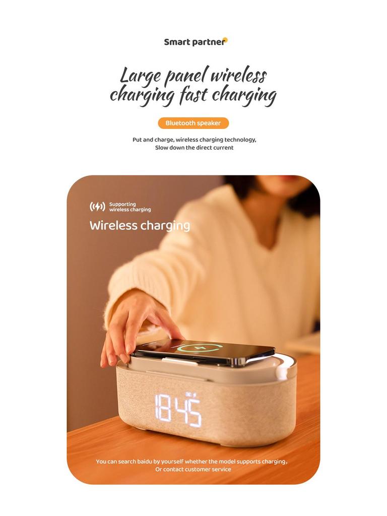 Alto-falante Bluetooth Multifuncional e Carregador Sem Fio com Despertador, Rádio e Lâmpada LED