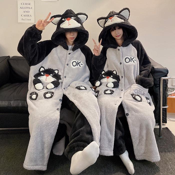 Winter Panda-Pyjama-Set für Paare: Korallfleece Damen Nachthemd & Herren Flanell Homewear