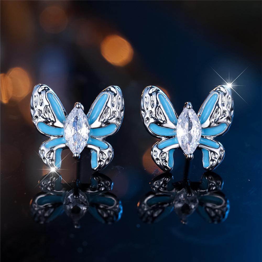 Cute Female Stone White Crystal Blue Enamel Cute Butterfly Stud Earrings Silver Color Wedding  For Women