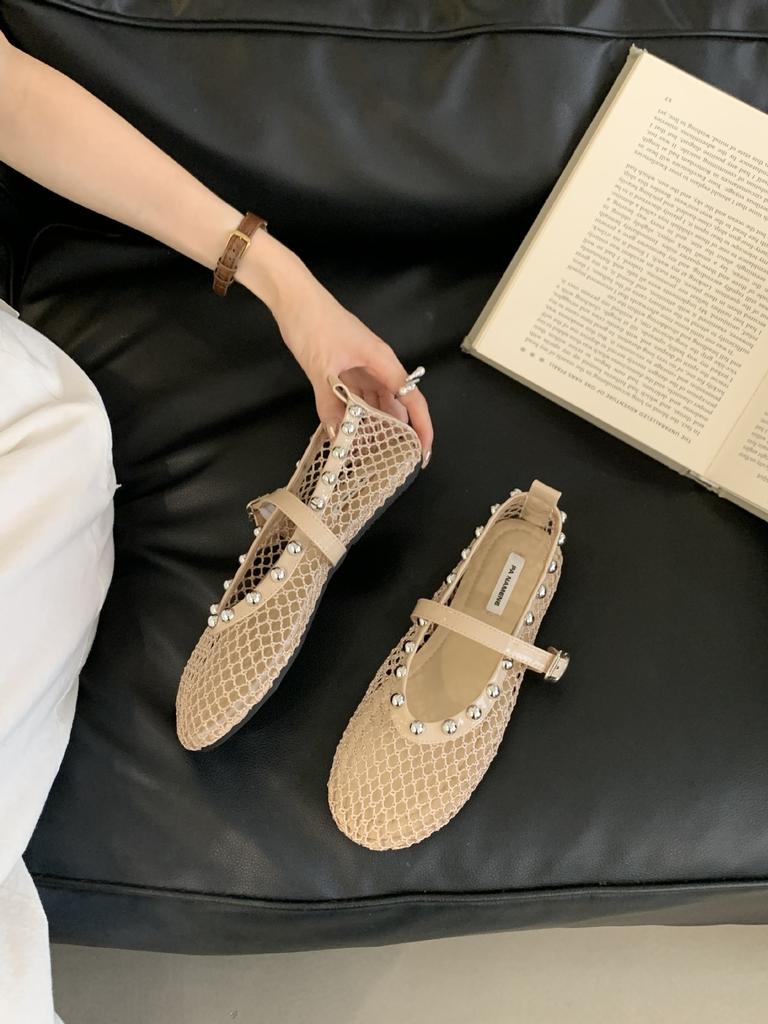 Flache Mesh-Einzelschuhe Damen 2025 neu Sommer atmungsaktiv Fischernetz Ballett Mary Jane Abendschuhe Lochsandalen