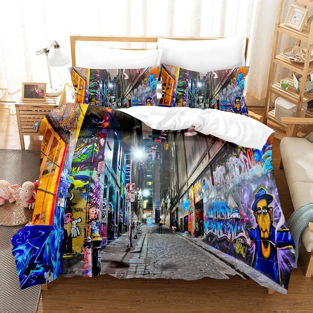 Graffiti Duvet Cover Kid Boys Youth Modern Wall Urban Street Art Painting Polyester Set King Queen Size Bedding Set Pillowcases