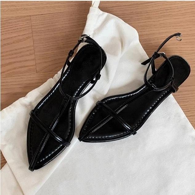 Sharp Pointed Leather High Heels, Slim Strap Women s Wedge Heel Sandals 34 чёрный