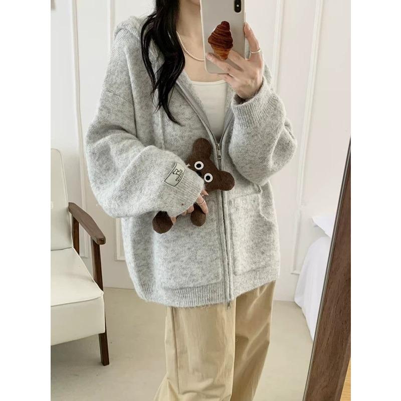 Autumn and Winter New Casual Versatile Hooded Zipper Knitted Cardigan Women's Loose Lazy Wind Thin Sweater Jacket