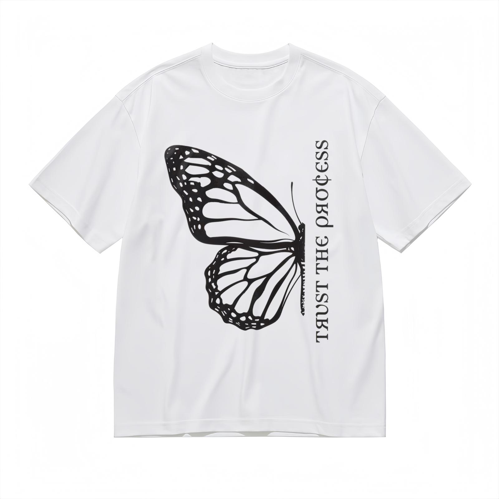 Minimalist Inspirational Women s Tee Shadow Butterfly and Motto White 100% Cotton L