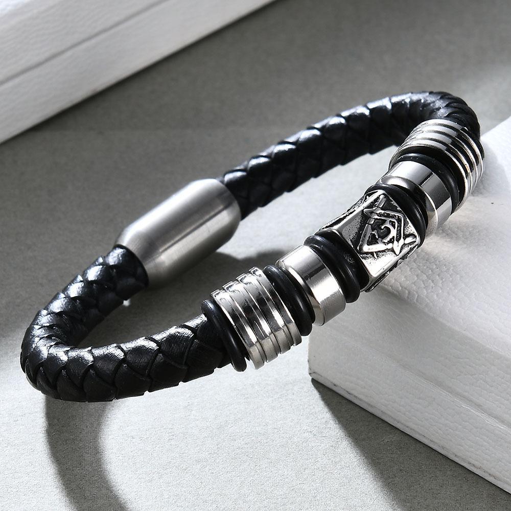 Stainless Steel 9MM Woven Freemason Logo Magnet Bracelet for Men