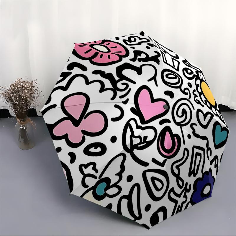 1pc Doodle Patterns Automatic Open/close Umbrella, 8-Rib Sturdy Structure, Portable Travel Umbrella, Parties, Everyday Use,32