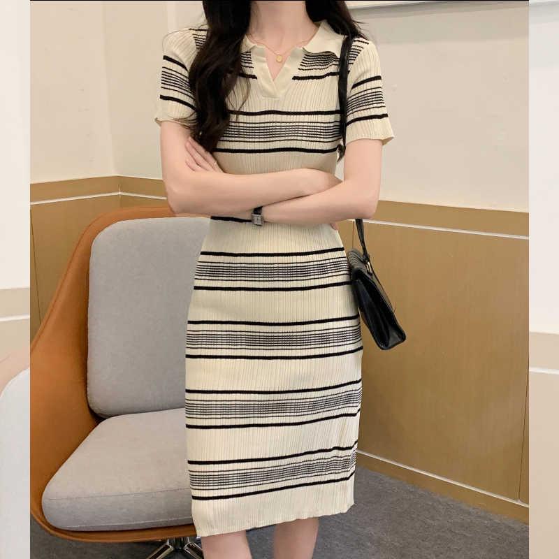 Elegant French Style Striped Polo Collar Knit Dress for Petite Women (2026)