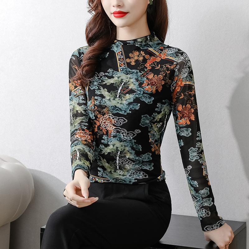 

Топ из сетки с надписями и цветными вставками для женщин на осень и зиму, с полувысоким воротником, базовая футболка с длинными рукавами, облегающая фигуру 4XL