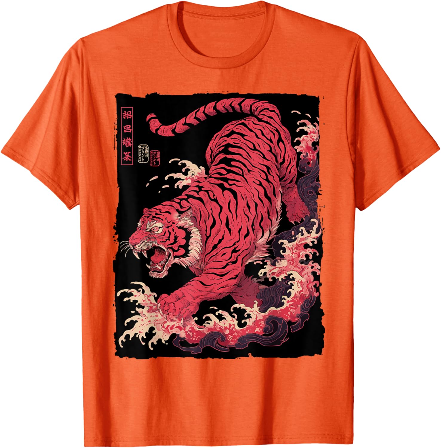 

Red Japanese Tiger Ukiyo e Wave Graphic Tee Mens Casual Cotton Print TShirt 4XL