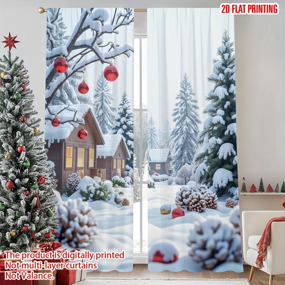 

2PC Winter Pine & Cabin Sheer Curtains – Snowy Village Print Light-Filtering Polyester Pocket Rod for Living Room 100*130 Rod Pocket 1pcs