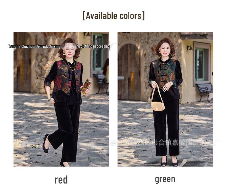 Women's Golden Velvet Vest & Suit: Middle-Aged/Elderly Spring Three-Piece Set - Chinese National Style