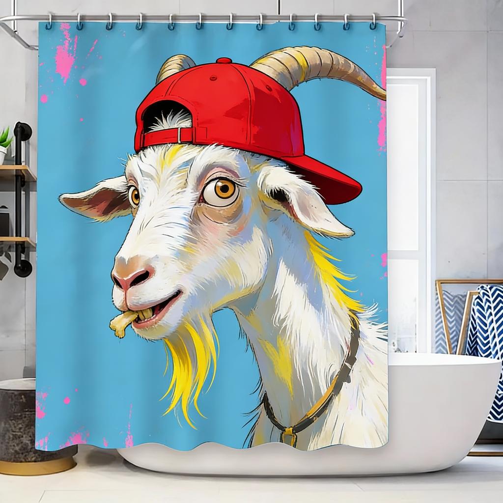 Goat Pattern Waterproof Mold-Proof Shower Curtain Creative Bathroom Curtain Unique Design Stylish Home Decor Complimentary Hook