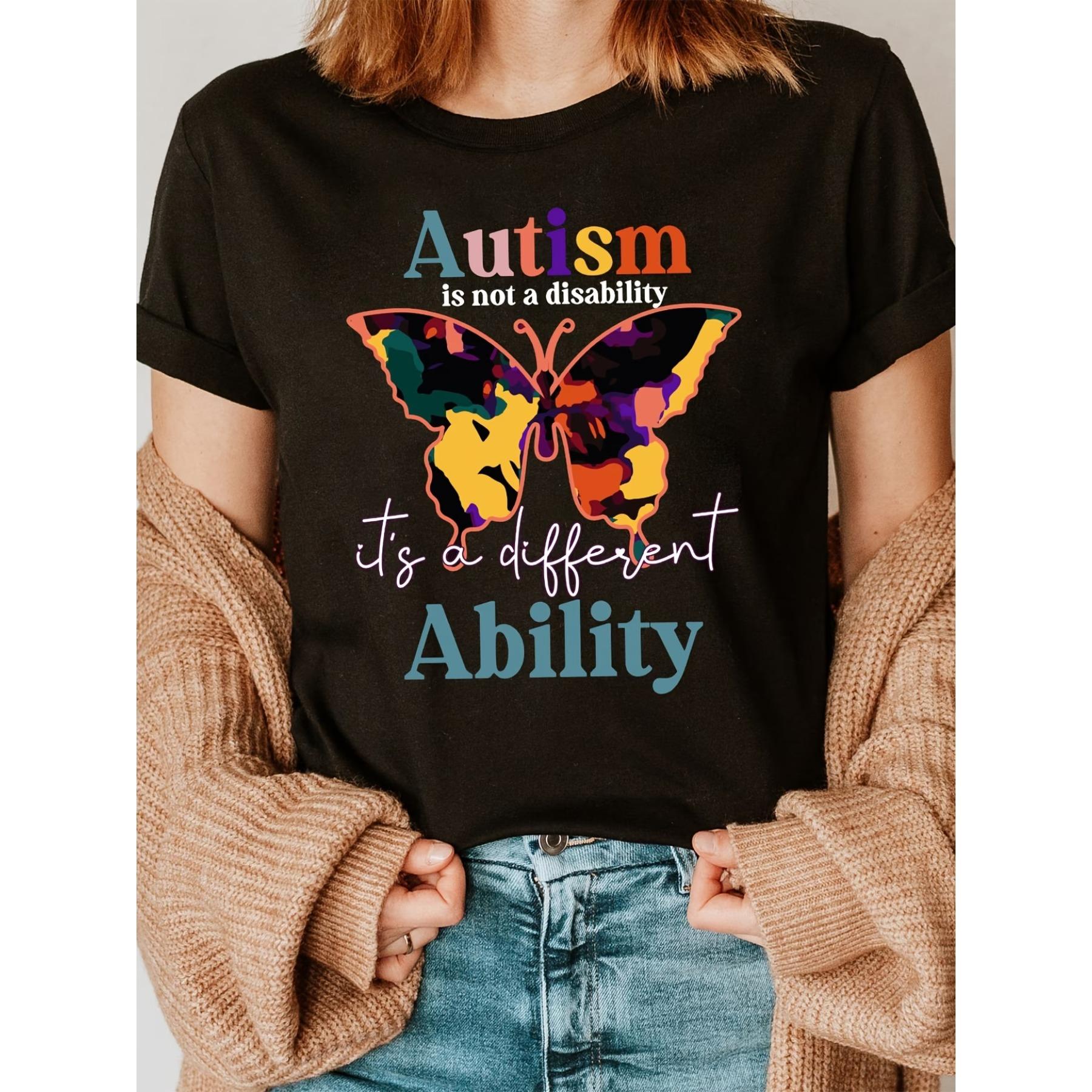Women s Autism Awareness Autism Butterfly Print T-Shirt - Soft Casual Short Sleeve Crew Neck Top S чёрный