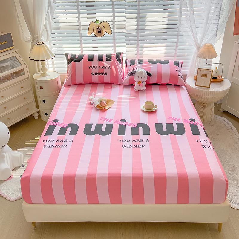 3pcs Grey Striped Cotton Fitted Sheet, Set Adult Kid Teen Bedroom Thickened Bedding with 2 Pillowcases, Geometric Line Bed Cover