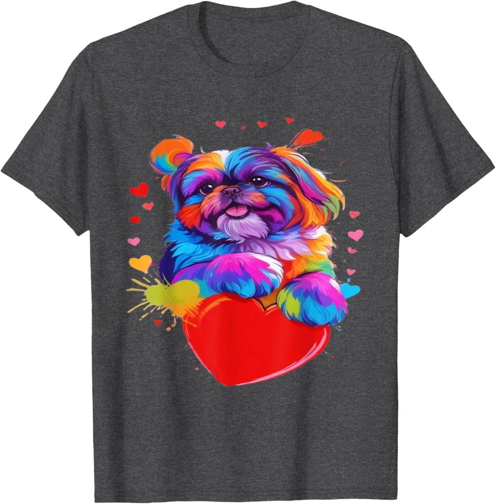 Colorful Shih Tzu Heart Graphic T-Shirt Cute Dog Lover Casual Short Sleeve Tee