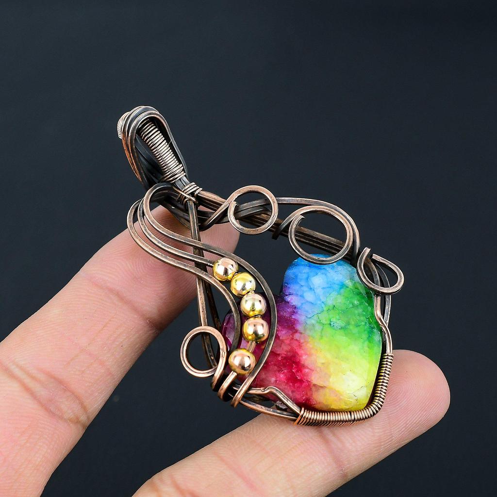 Rainbow Solar Quartz Gemstone Handmade Pure Copper Wire Wrapped Pendant Jewelry For Memorial