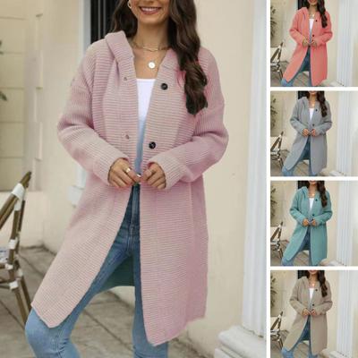 Damen Herbst Winter Kapuzen Strickjacke Mantel Langarm Locker Geschnitten Einfarbig