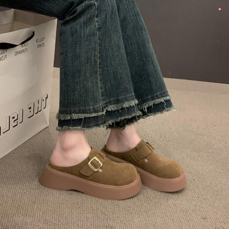 Baotou halvtofflor dam nya vår och höst ytterkläder läder retro plattform Boken damskor