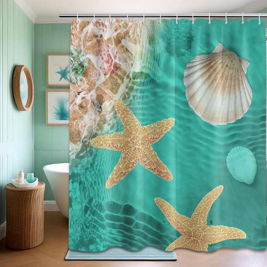 Beach Shower Curtain Ocean Beachy Sea Shell Coastal Teal Bathroom Decor, Waterproof Cloth Fabric With Hooks 70" W X 72" L