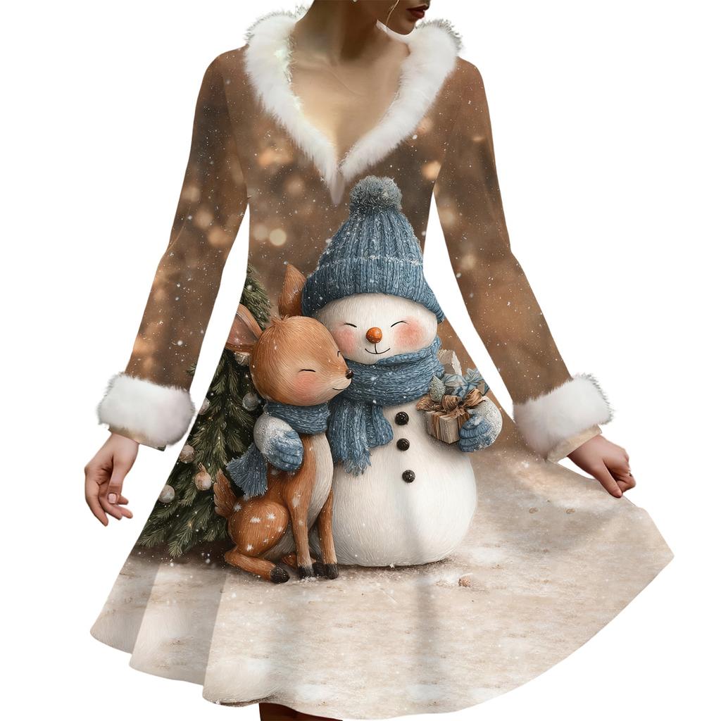 Women's Casual V-neck Christmas Print Plush Long-Sleeve Casual Dress