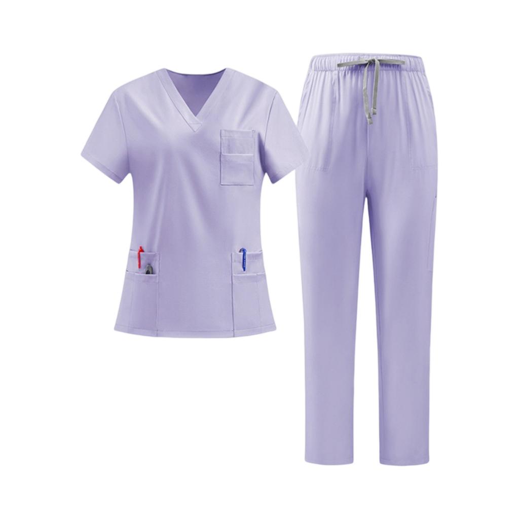 Women Nurse Scrub Set Quick Dry Fabric V Neck Short Sleeve Top with Pockets and Elastic Waist Drawstring Pants Medical Uniform
