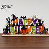 Halloween Fireplace Mantel Decor Happy Wooden Sign Ornaments with Pumpkin Ghost And Bat Elements for Decorative Party Props Tiered Tray Table