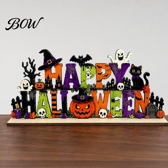 Halloween Fireplace Mantel Decor Happy Wooden Sign Ornaments with Pumpkin Ghost And Bat Elements for Decorative Party Props Tiered Tray Table