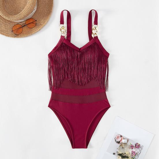 Women Sexy Monokini Sling Sleeveless Tassel Decor Swimsuit Mesh Splicing Backless Design One-piece Bikini